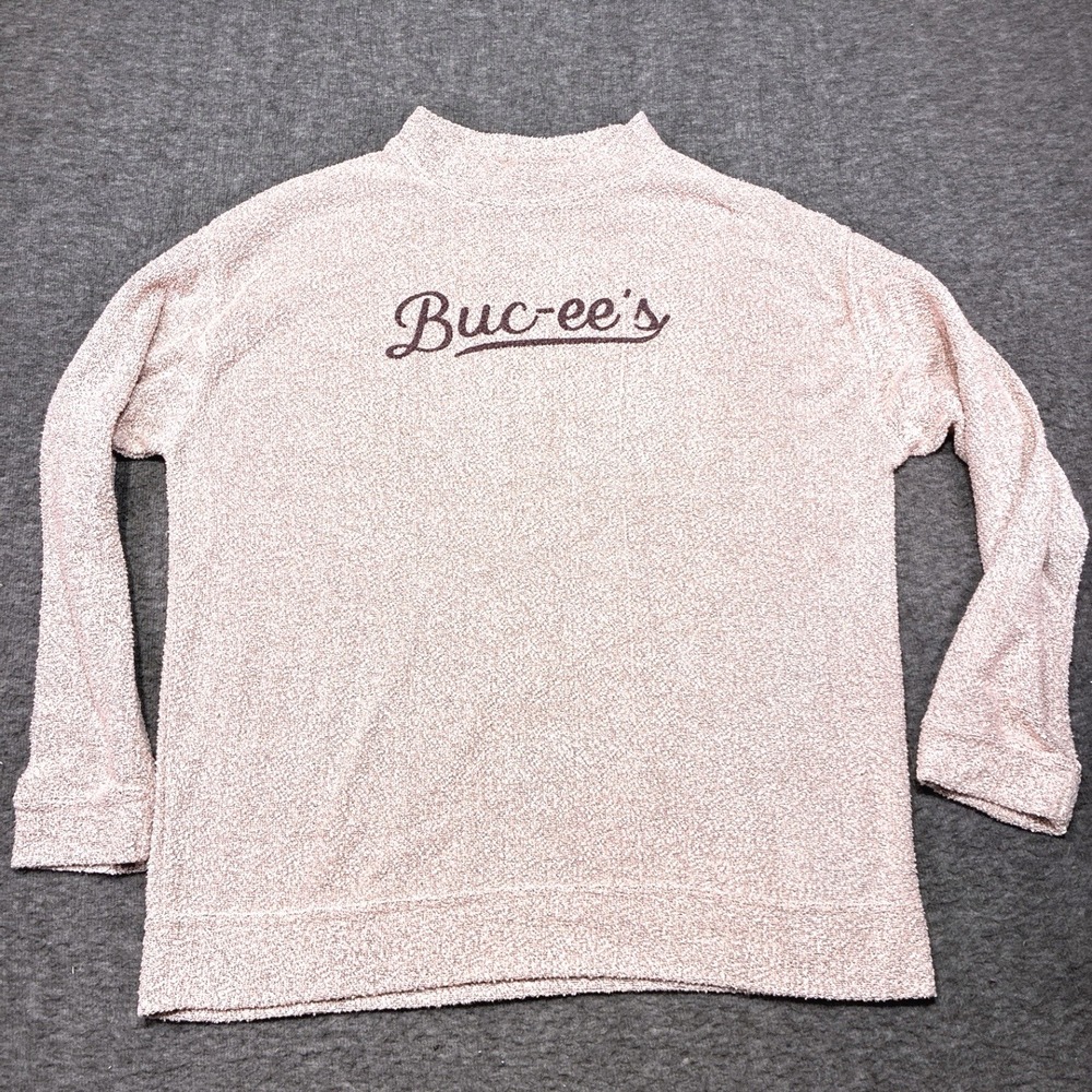 Buc-ees Large Women's Fleece Pullover Sweatshirt Pink Long Sleeve Logo Spell